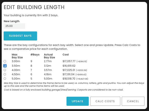 A screenshot from the construction cost calculator showing bay configurations.