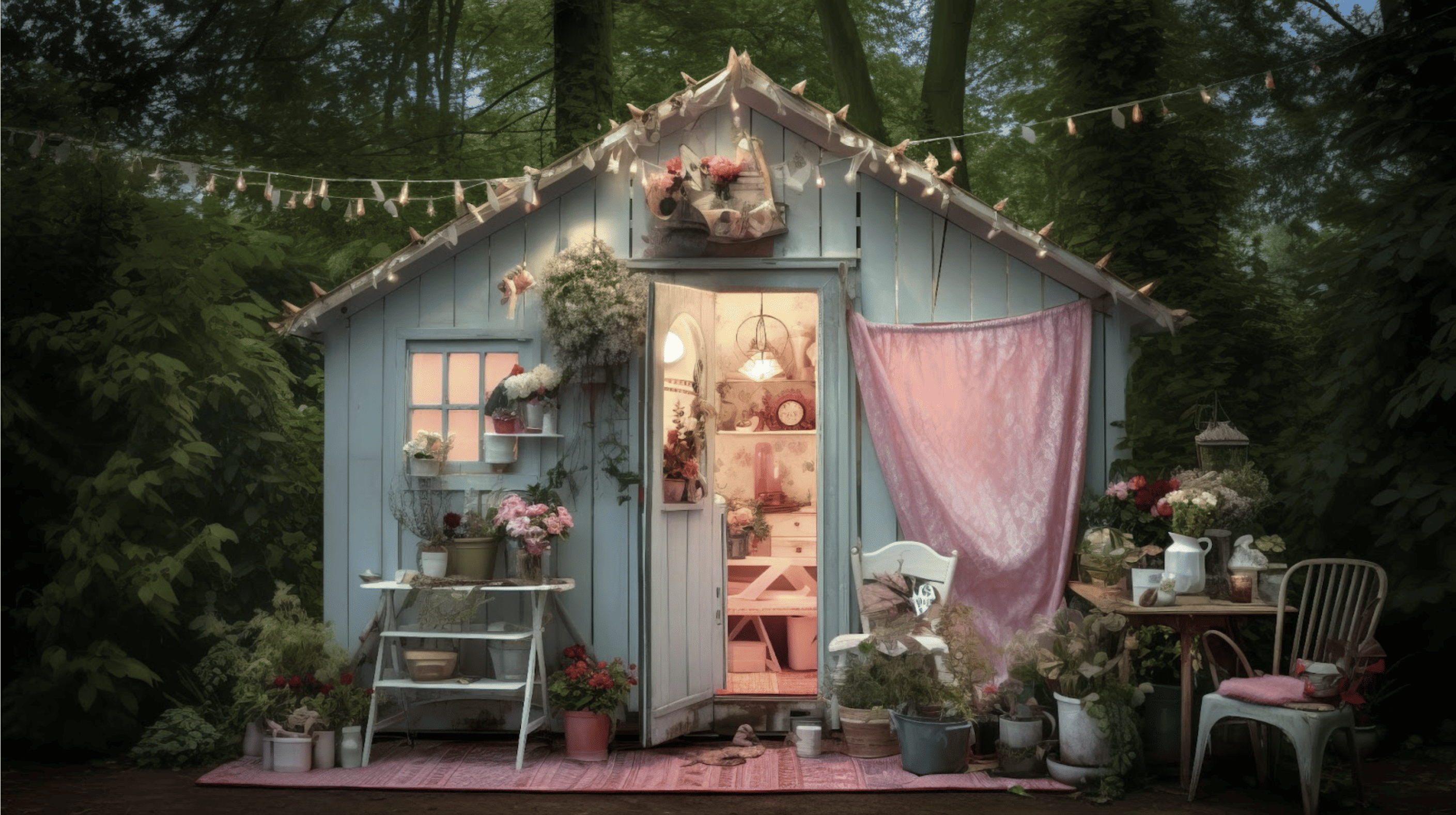 cute garden shed decorated with plants and accessories