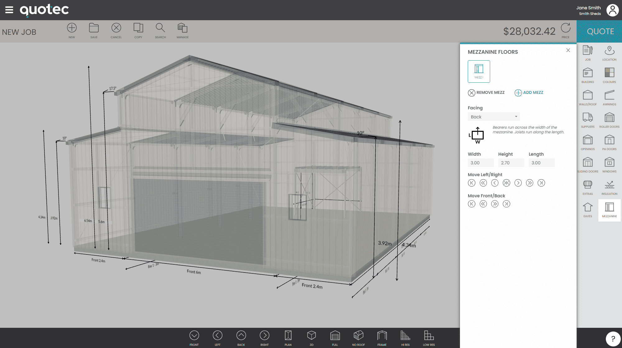 shed design software showing the design of a custom made shed with a mezzanine floor