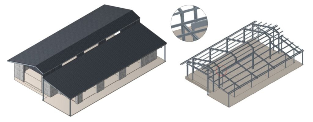 A 3D render of a on off shed design showing the full render and the shed frame